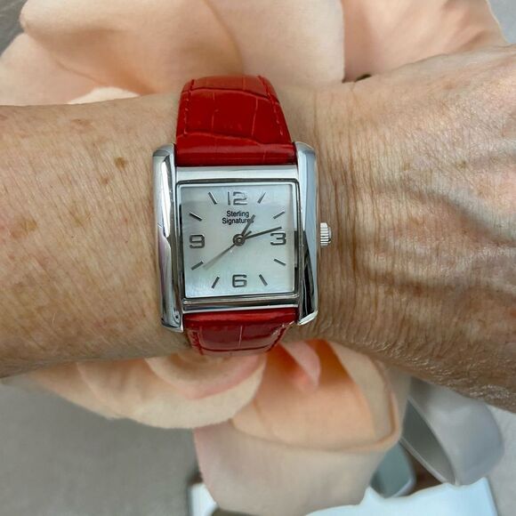 Sterling Signatures 925 Silver Tank Style Watch Mother of Pearl Dial Red Leather - Picture 8 of 16